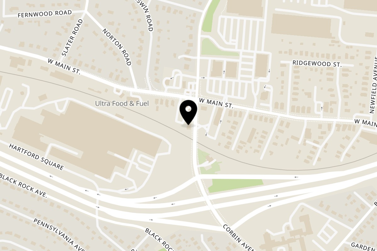 Map showing the location of New Britain Diner Restaurant on 1130 Corbin Ave in New Britain